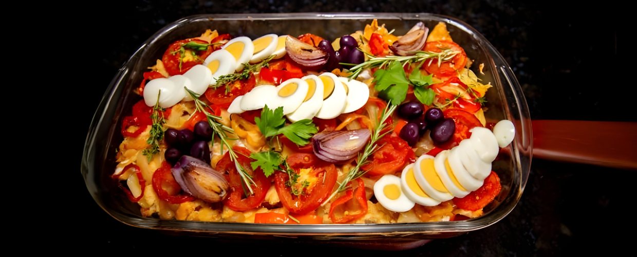 Travessa de vidro com bacalhoada.