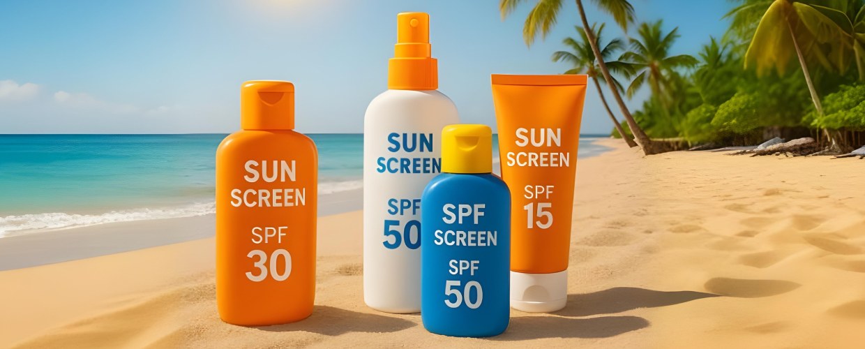 Quatro frascos de protetor solar.