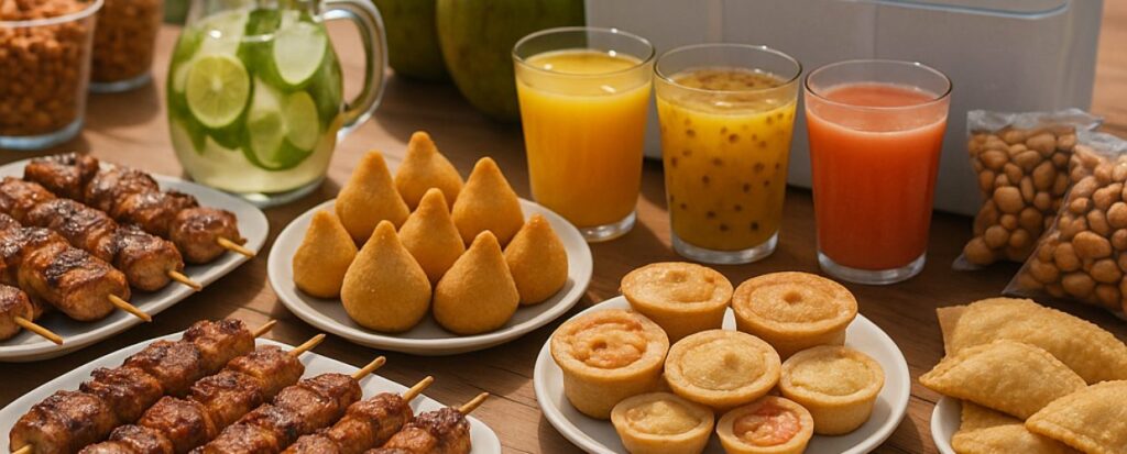 Copos e pratos com diferentes bebidas e comidas para o Carnaval.