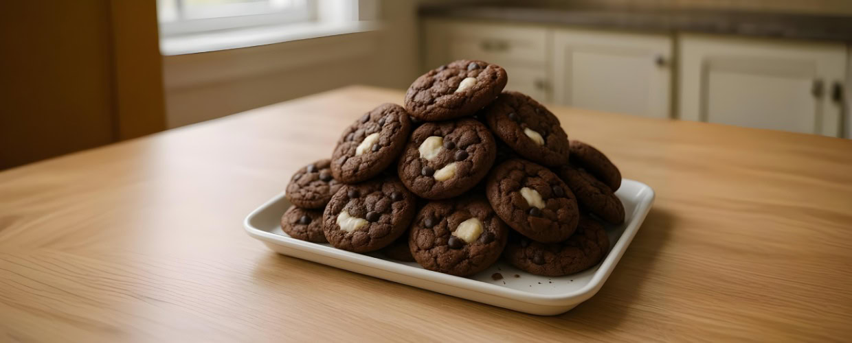 Prato com cookies de chocolate.