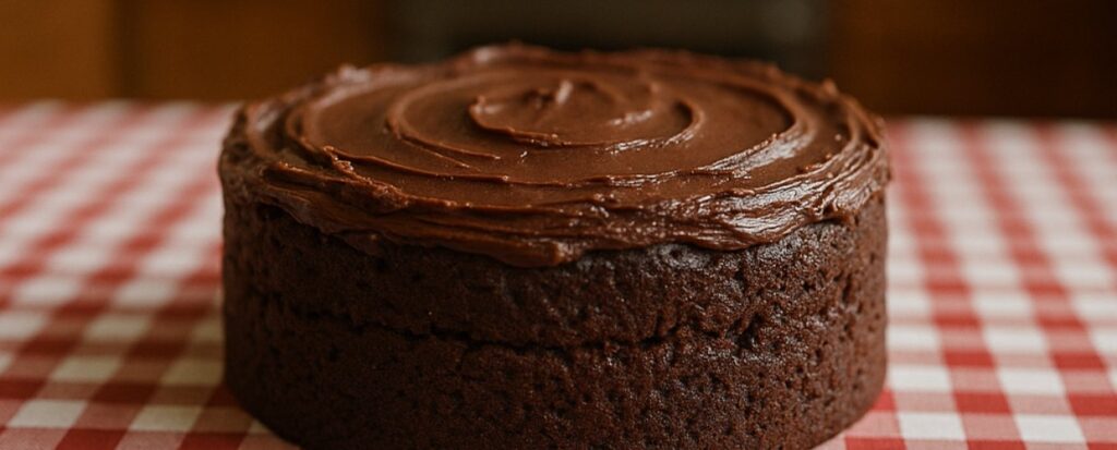 Bolo de chocolate com cobertura.